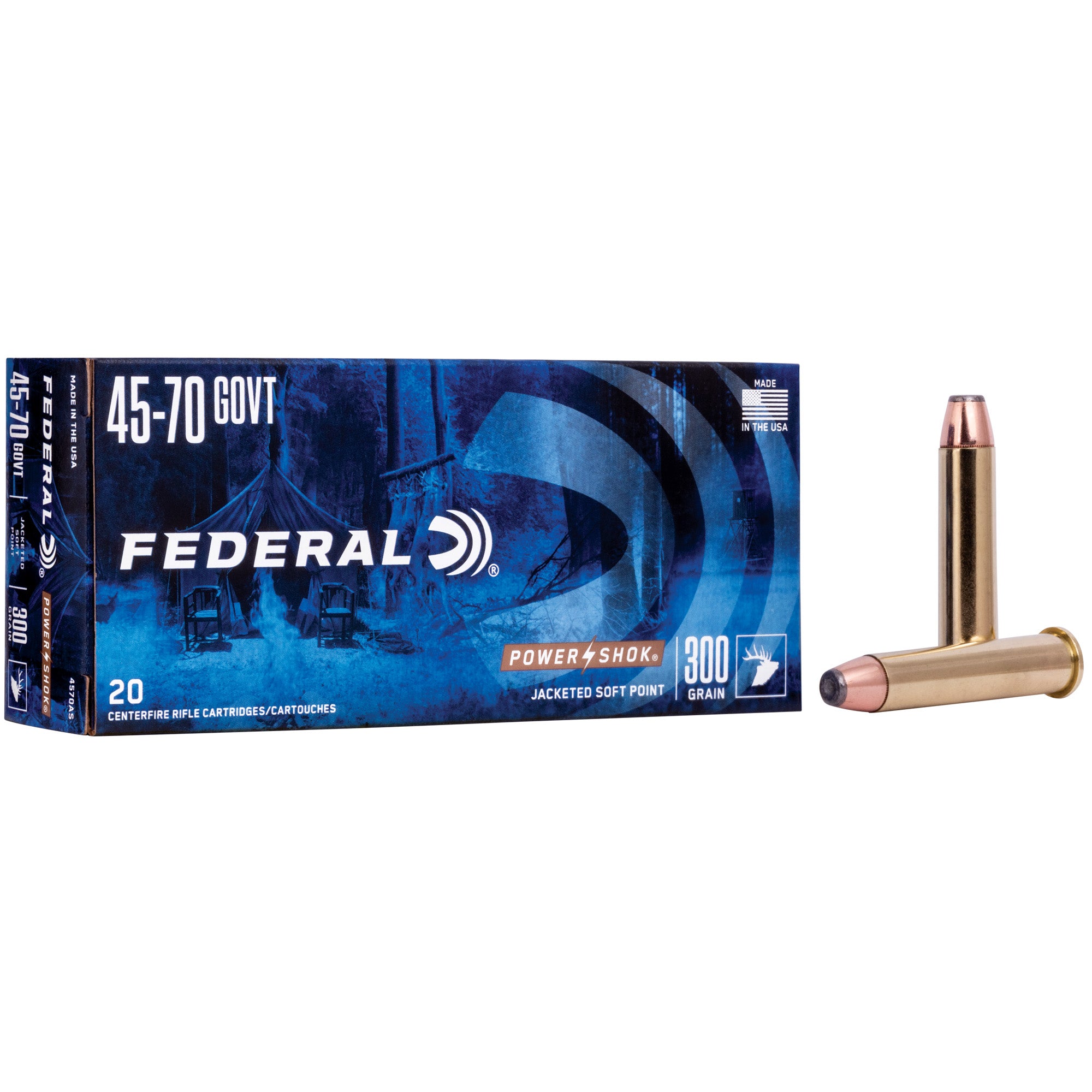 Federal PowerShok, 45-70 Government, 300 Grain, Jacketed Soft Point, 20 Round Box