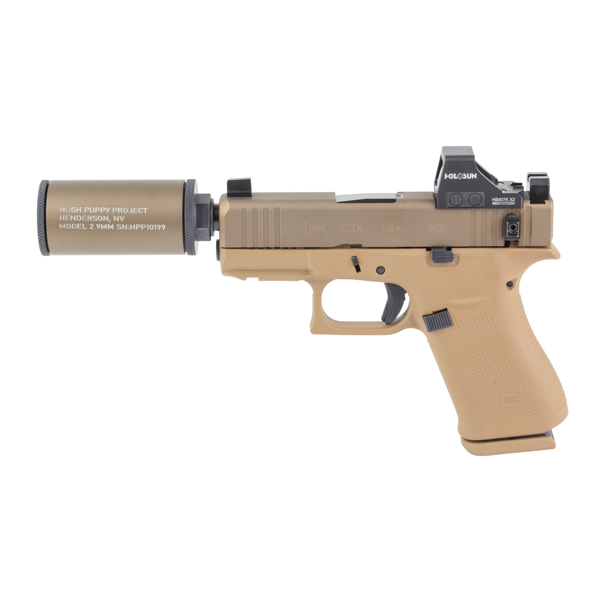 GLOCK 43X Hush Puppy, Semi-automatic, Striker Fired, Polymer Frame Pistol, Sub-Compact