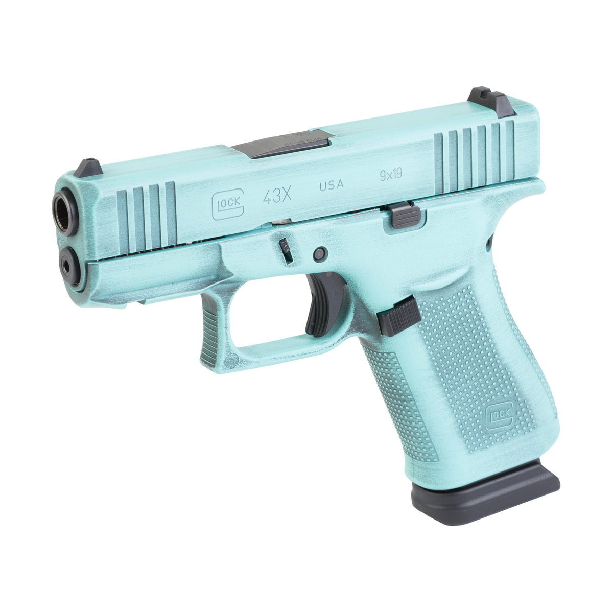 GLOCK 43X - 9MM 3.41" 15rd (Custom Battle Worn Robins Egg Blue Cerakote Finish by Shark Coast Tactical)