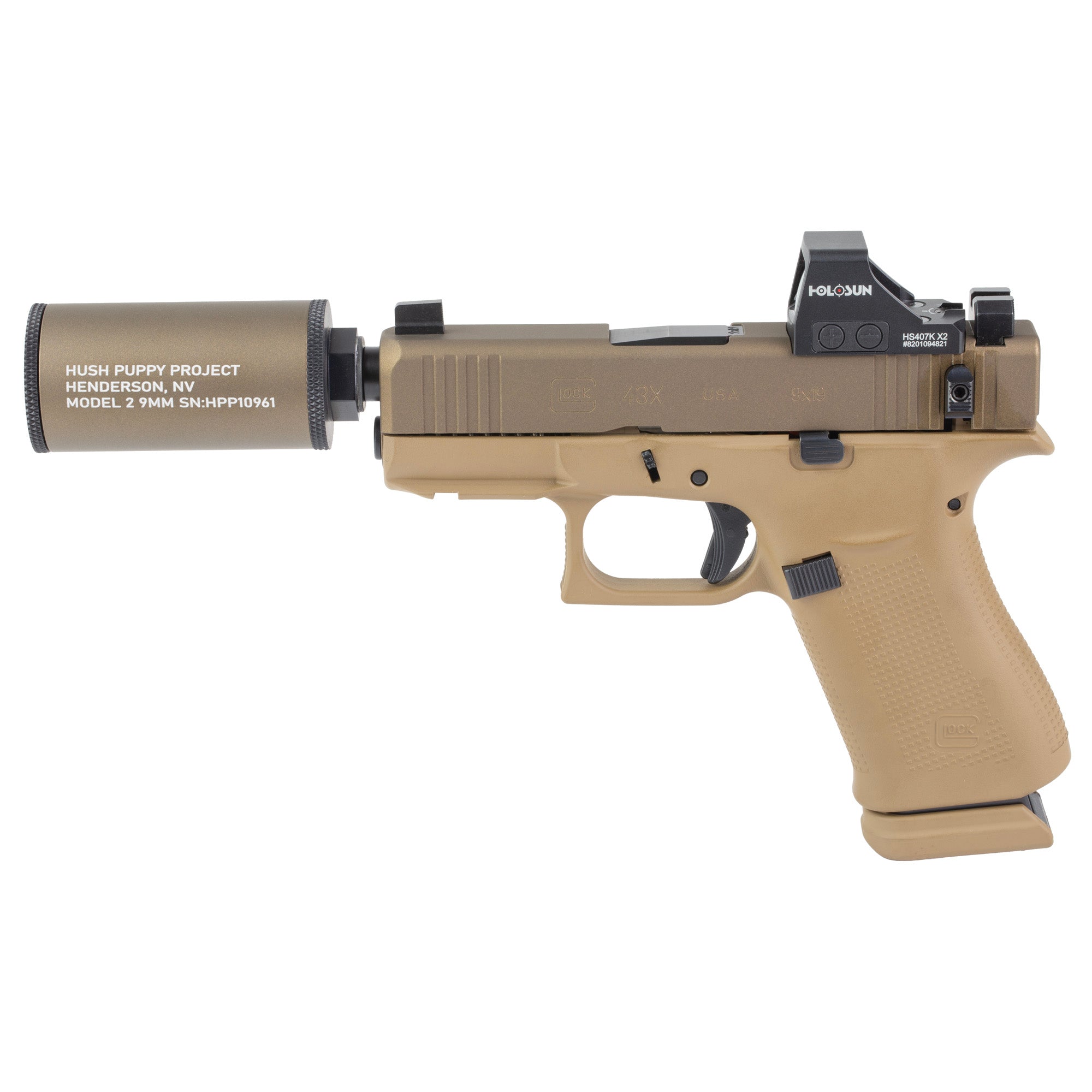 GLOCK 43X Hush Puppy, Semi-automatic, Striker Fired, Polymer Frame Pistol, Sub-Compact