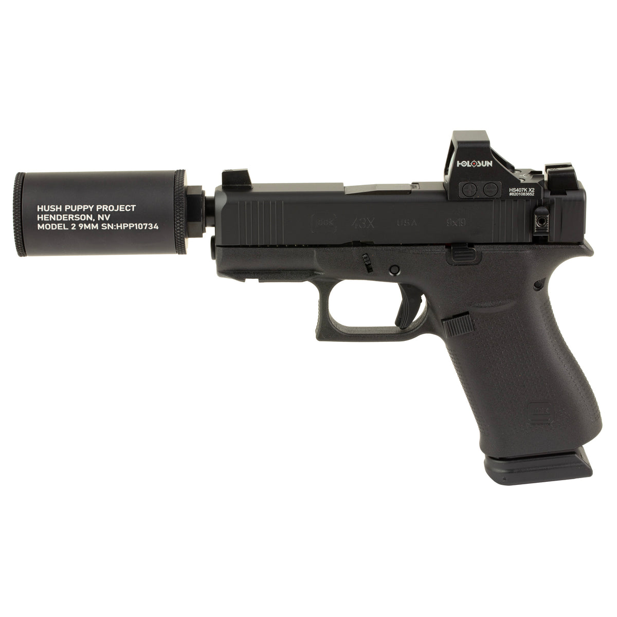 GLOCK 43X Hush Puppy, Semi-automatic, Striker Fired, Polymer Frame Pistol, Sub-Compact