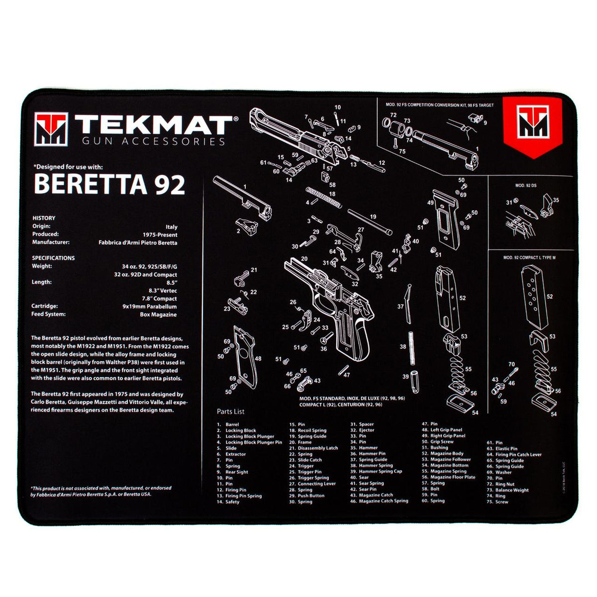 Ultra 20 - Beretta 92 Gun Cleaning Mat 15x20
