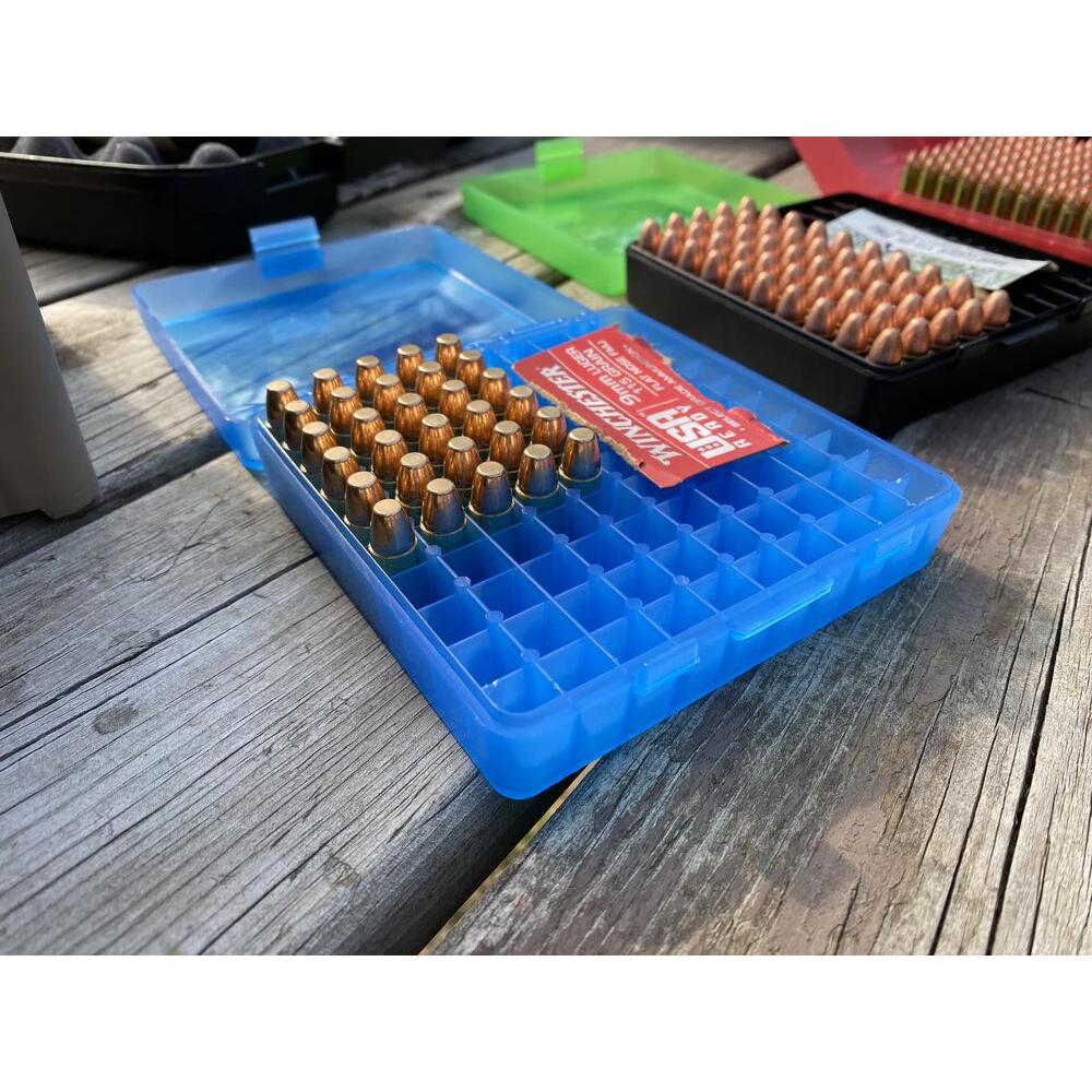 MTM Ammo Box 100 Round Flip-Top 9mm 380 ACP Clr-Blue