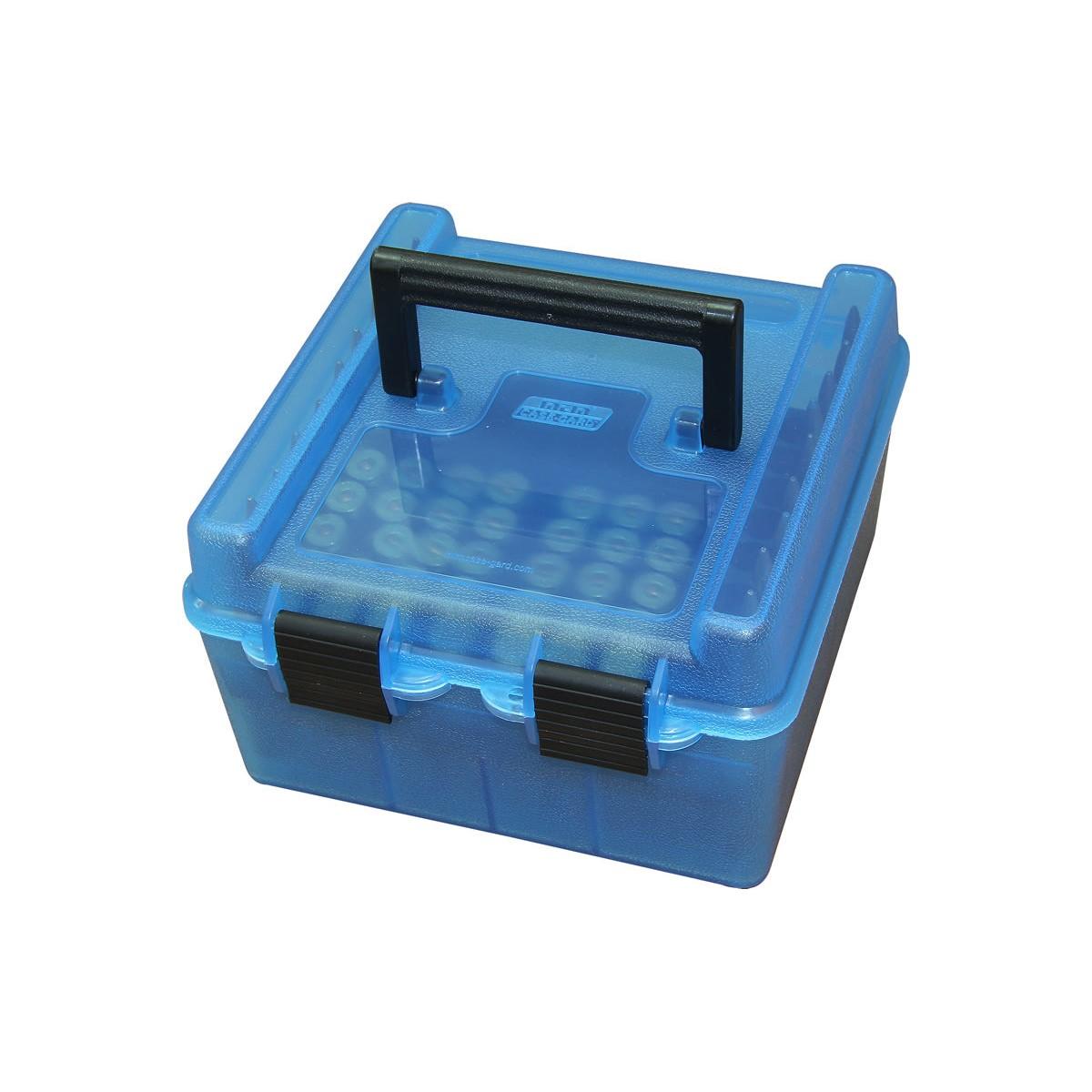 MTM Deluxe Ammo Box 100 Round Handle 22-250 to 458 Win Clr-Blue