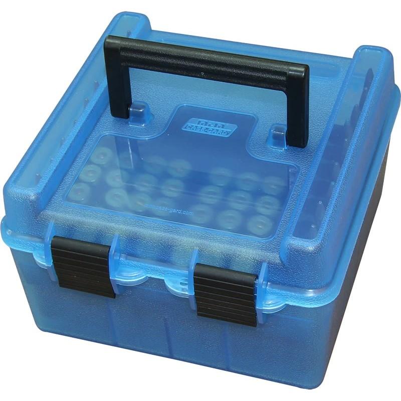 MTM Deluxe Ammo Box 100 Round Handle WSM WSSM Ultra Mag Clr-Blue