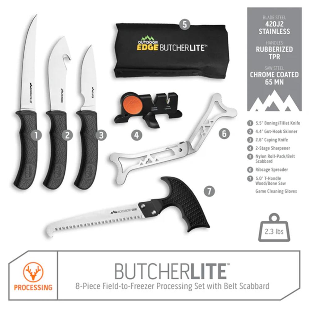 Outdoor Edge Butcher-Lite  8 Piece Processing Knife Set  Roll Pack