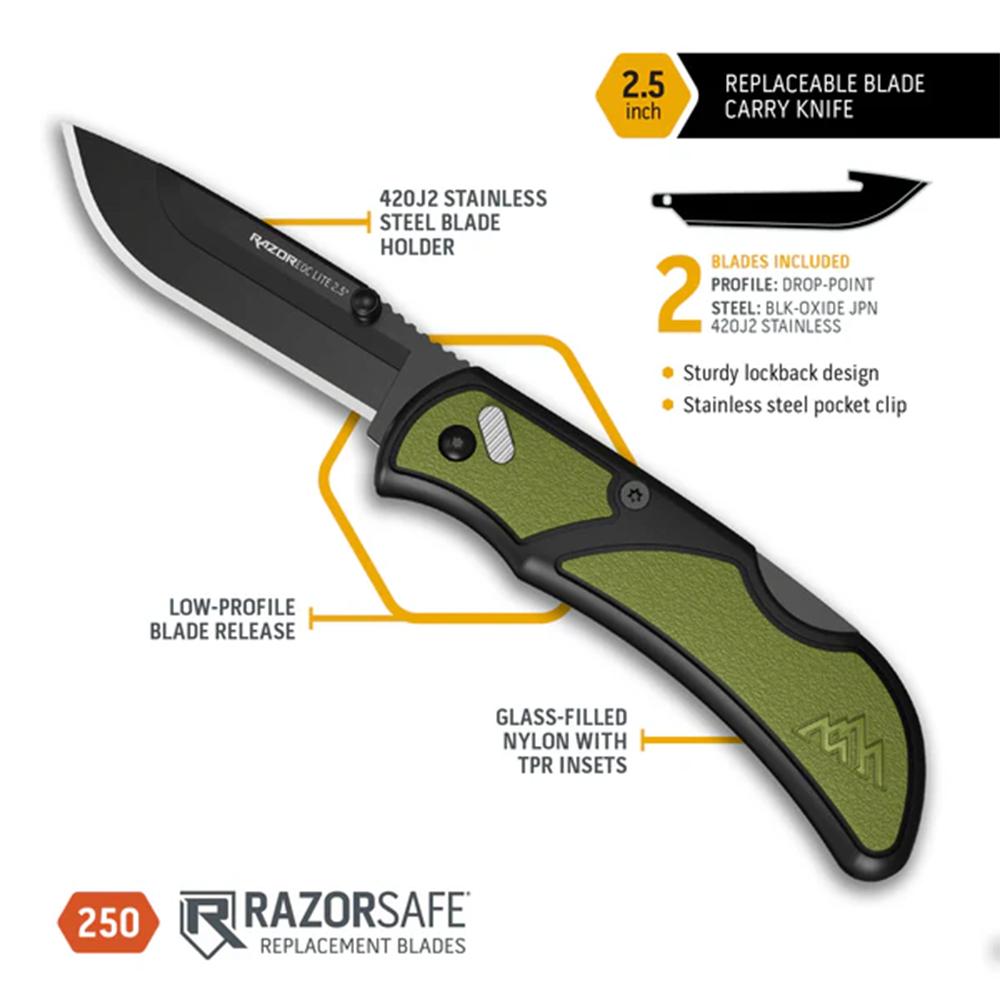 Outdoor Edge 2.5'' Razor-Edc Lite Knf Olive Drab 2 Blk Drop Point Blades
