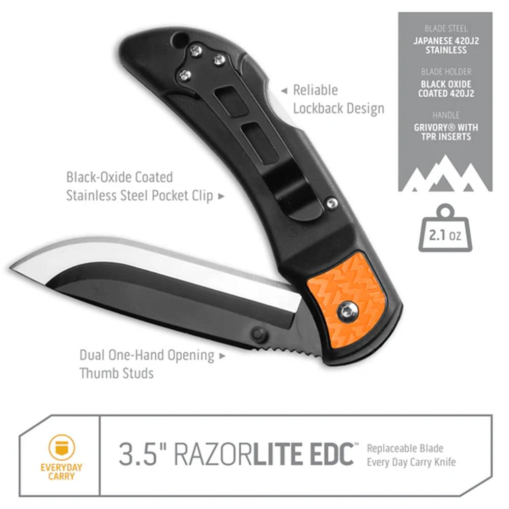 Outdoor Edge 3.5'' Razor-Edc Lite Knife Gray  6 Stainless Drop Point Blades