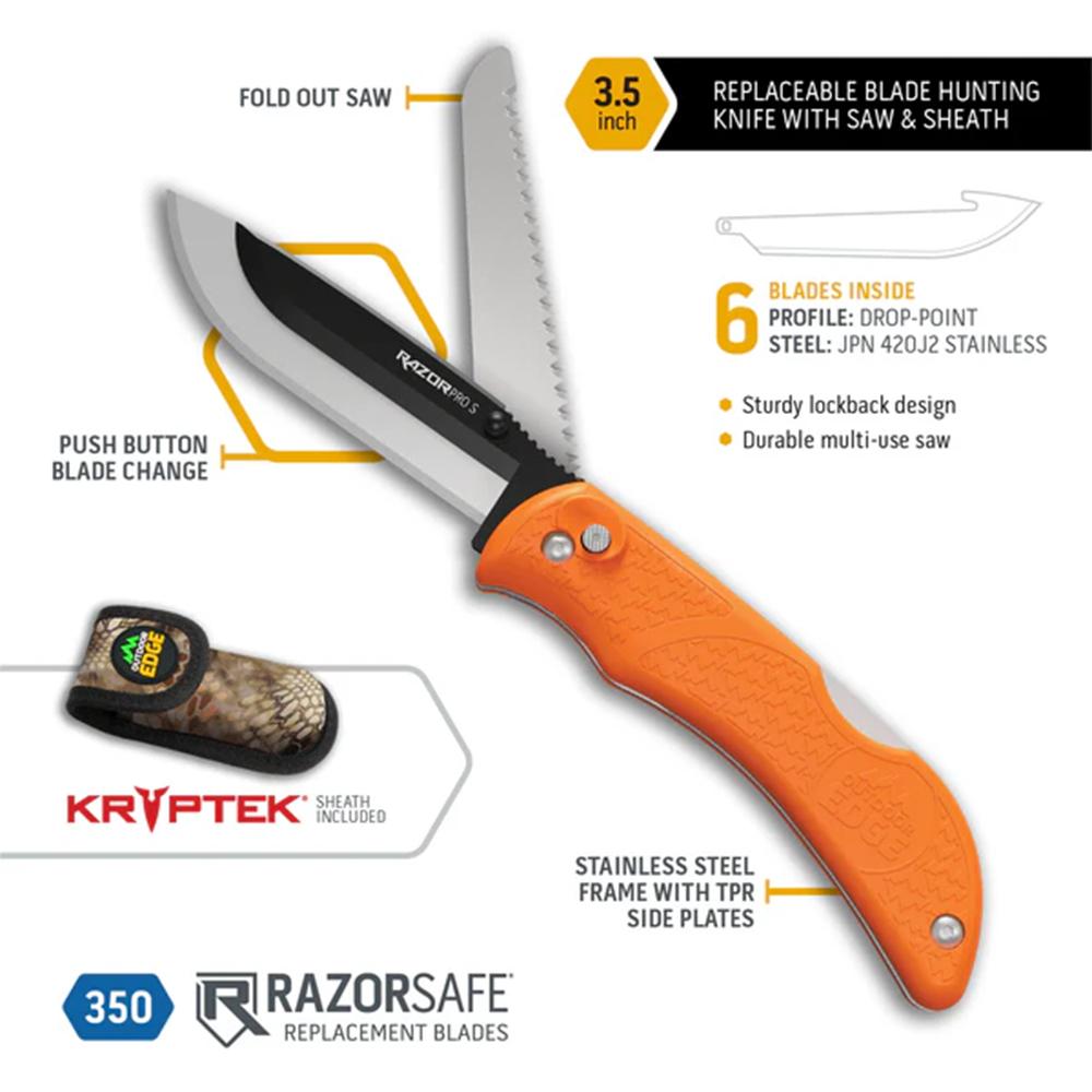 Outdoor Edge 3.5'' Razor-Pro S Knife Orange  6 Stainless Drop Point Blades