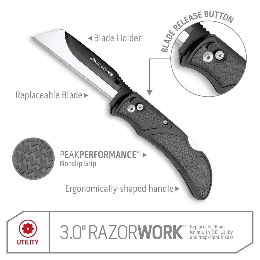 Outdoor Edge 3.0'' Razor-Work Knife Gray  3 Stainless Utility Blades