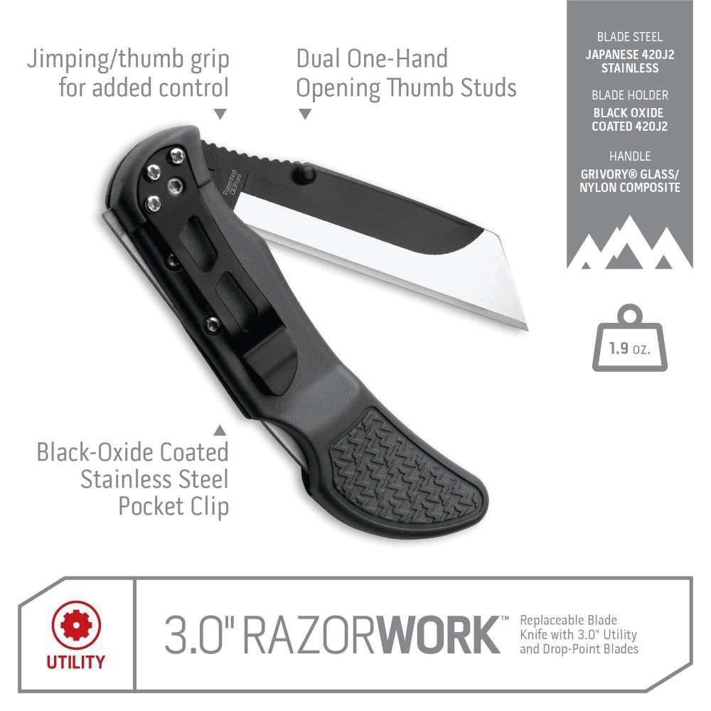 Outdoor Edge 3.0'' Razor-Work Knife Gray  3 Stainless Utility Blades