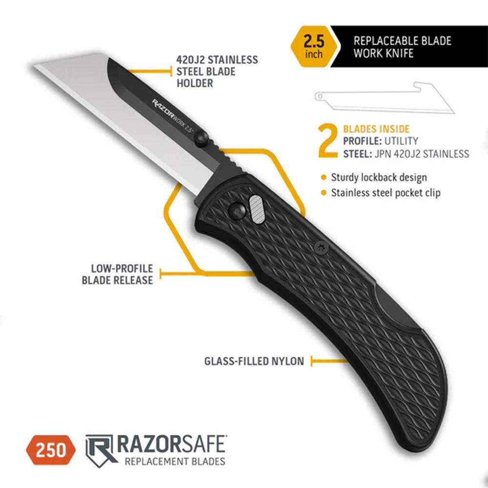 Outdoor Edge 2.5'' Razor-Work Knife Black  2 Stainless Utility Blades