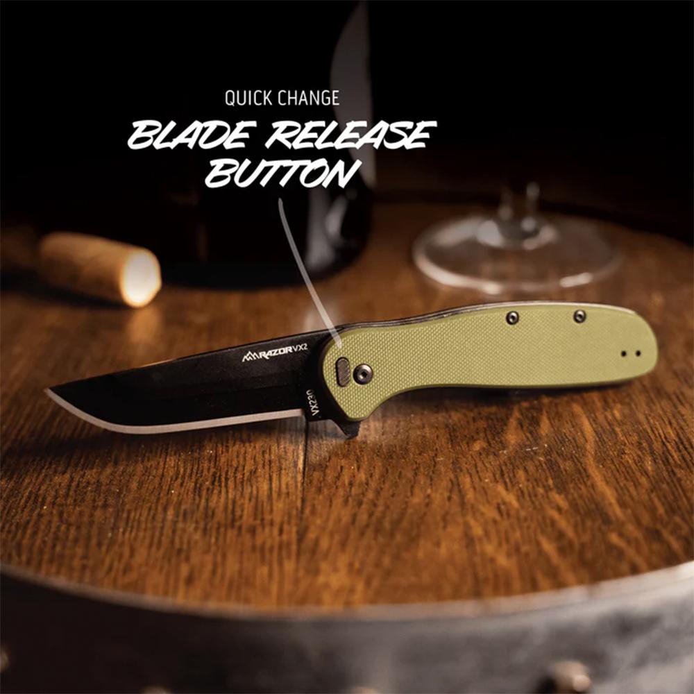 Outdoor Edge Razor VX2 Knife Grn G10 W/ Blk Drp Pnt Blk Hardware Sprng Asst