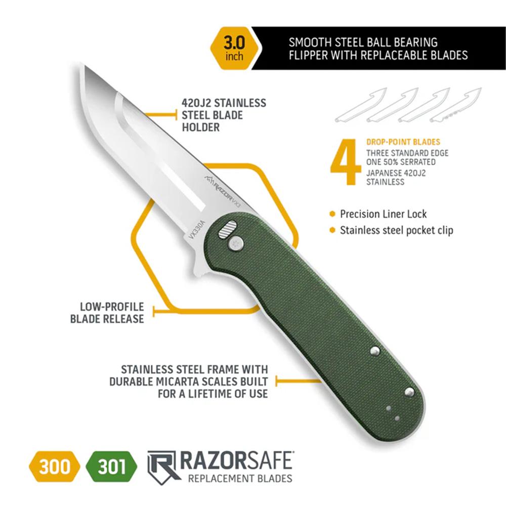 Outdoor Edge Razor VX3 Knf Grn W/ Drp Pnt Stnlss Hrdwr Steel Ball Bearings