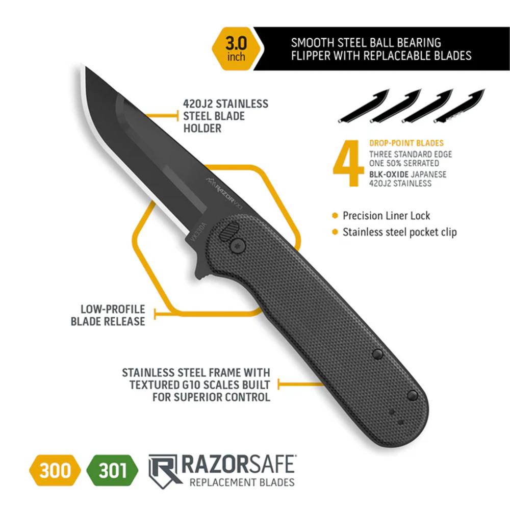 Outdoor Edge Razor VX3 Knife Blk G10 W/ Blk Drp Pnt Blk Hrdwr Stl Bal Brngs