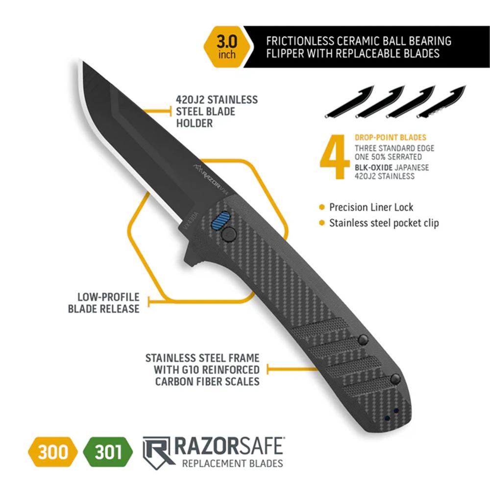 Outdoor Edge Razor VX4 Knf Crbn Weave Over G-10 W/ Blk Drp Pnt Crmc Brngs