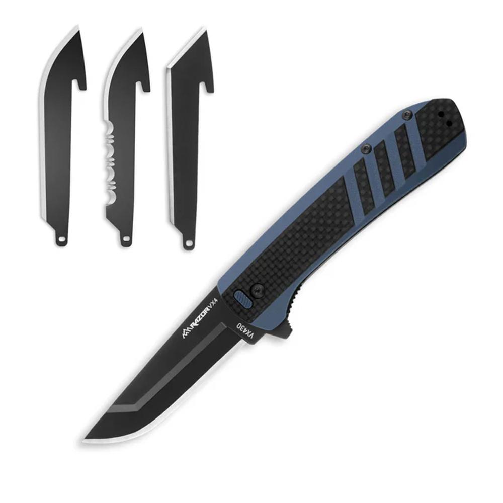 Outdoor Edge Razor VX4 Knf Crbn Over Blu G10  W/ Blk Drp Pnt Crmc Bearing