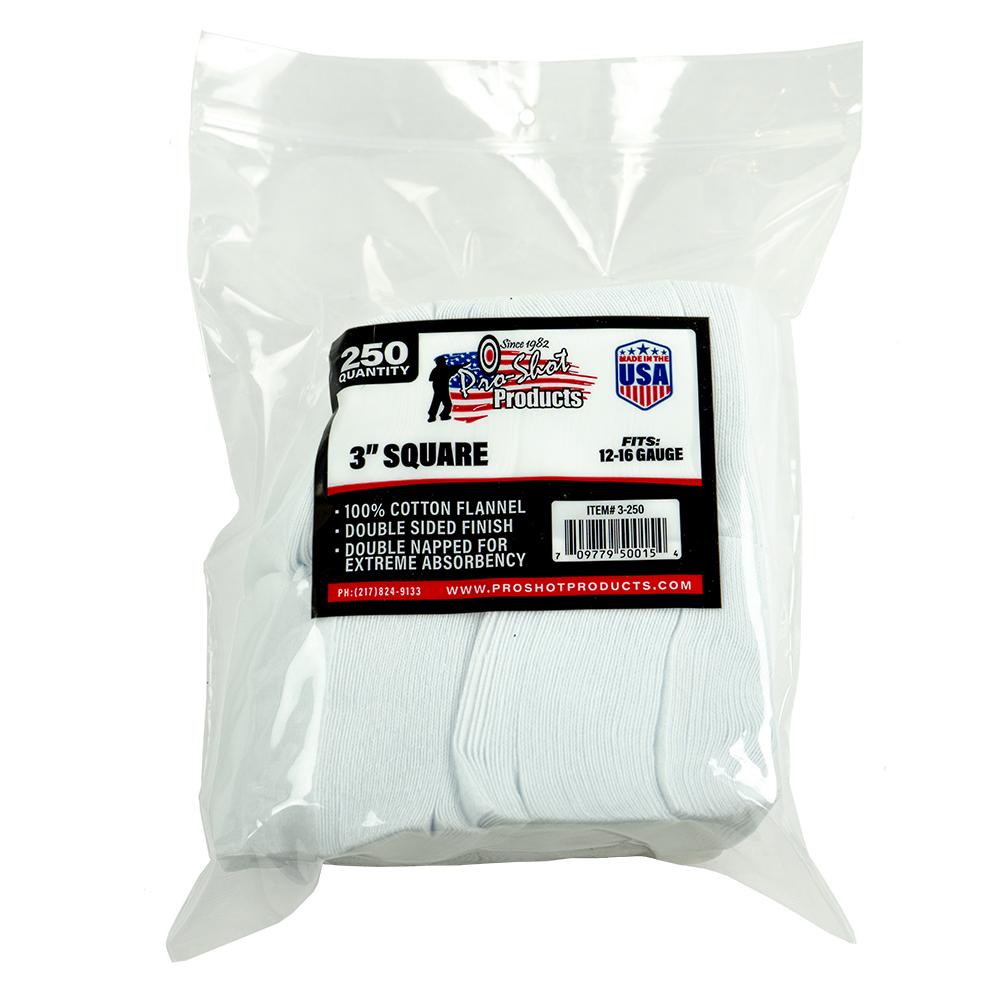 COTTON CLEANING PATCH 3 SQUARE 12/16GA .45CAL 250/PK