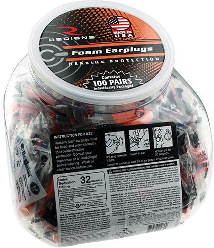 100 pairs uncorded foam earplugs in poly bags in jar