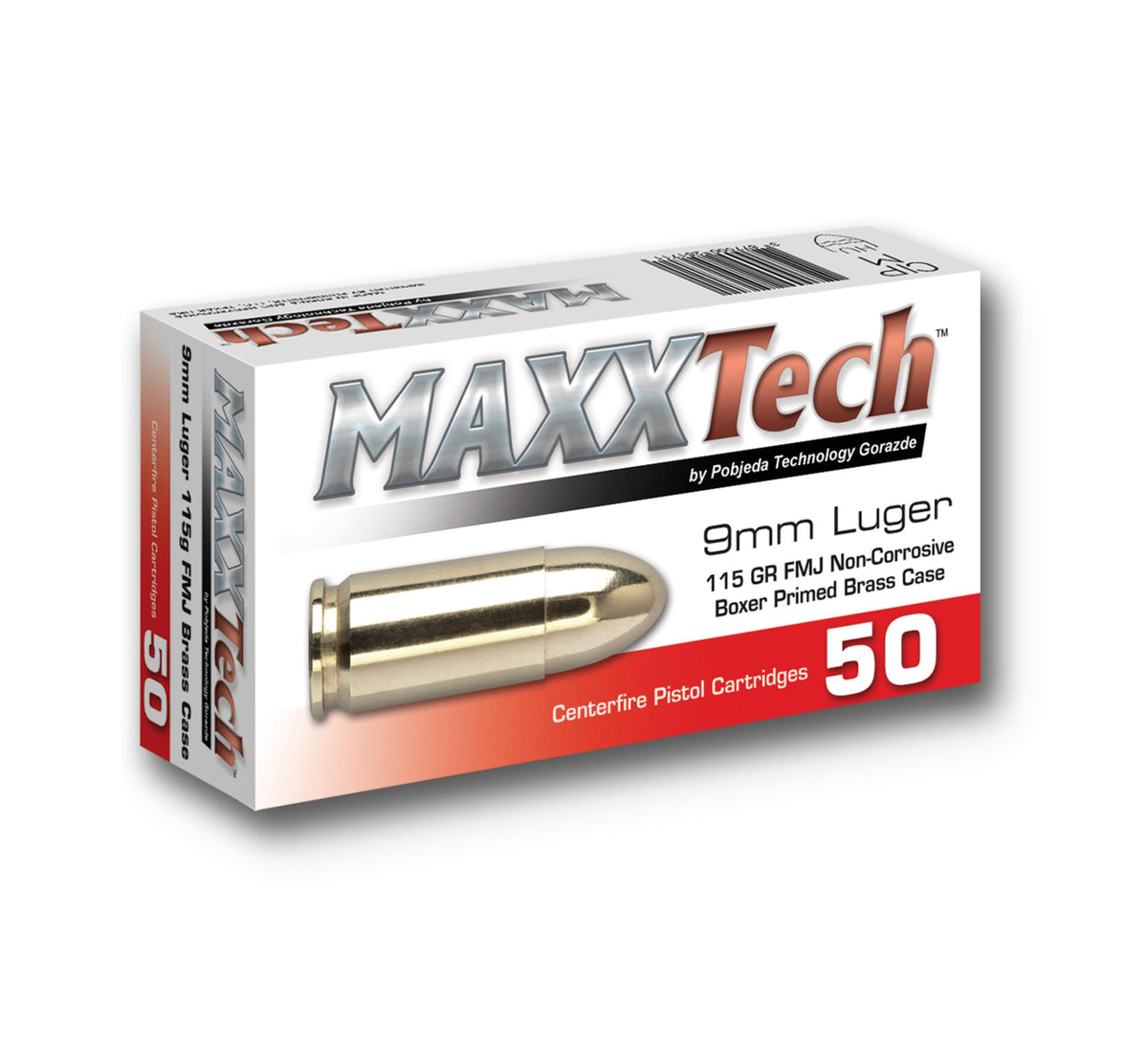 MAXXTECH 9MM 115GR FMJ 50RD BRASS CASE