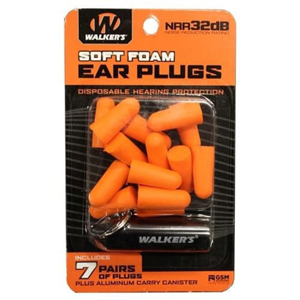 WALKERS 7 PAIRS NEON ORANGE FOAM PLUG W/ BLACK ALUMINUM CARRY CANISTER