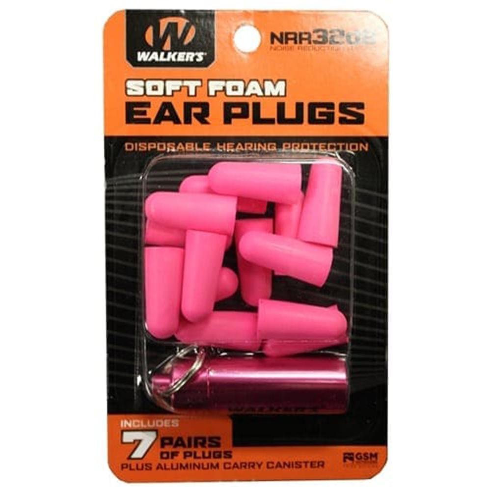 WALKERS 7 PAIRS PINK FOAM PLUG WITH PINK ALUMINUM CARRY CANISTER