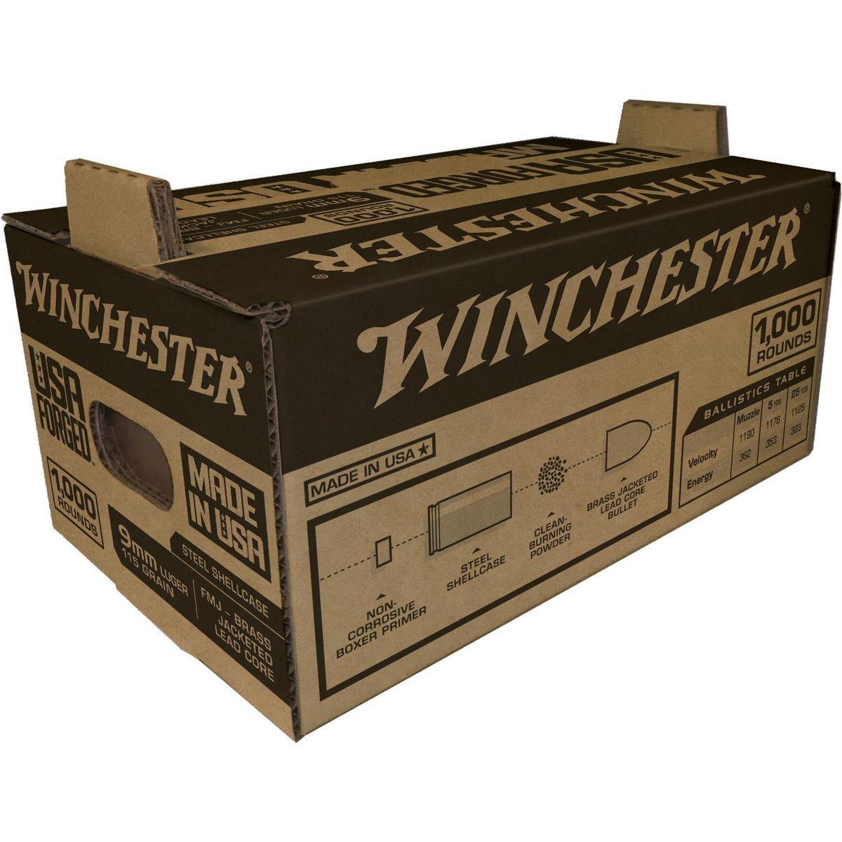USA FORGED 9MM 115GR STEEL CASE, FMJ BRASS-JACKETED LEAD CORE 1,000 RD