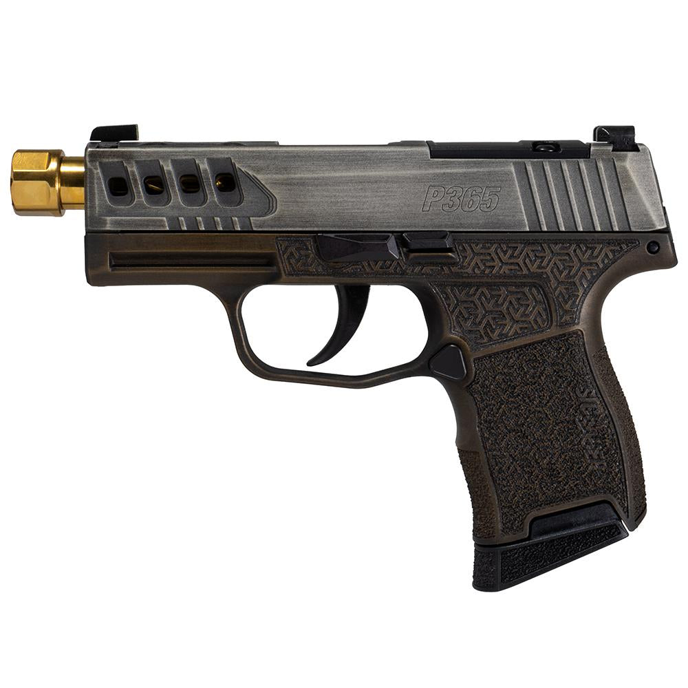 P365,9mm,3.1in,Striker,10rd,Dist Gr Slide & Br Grip, Oct Stipp, Gold Barrel