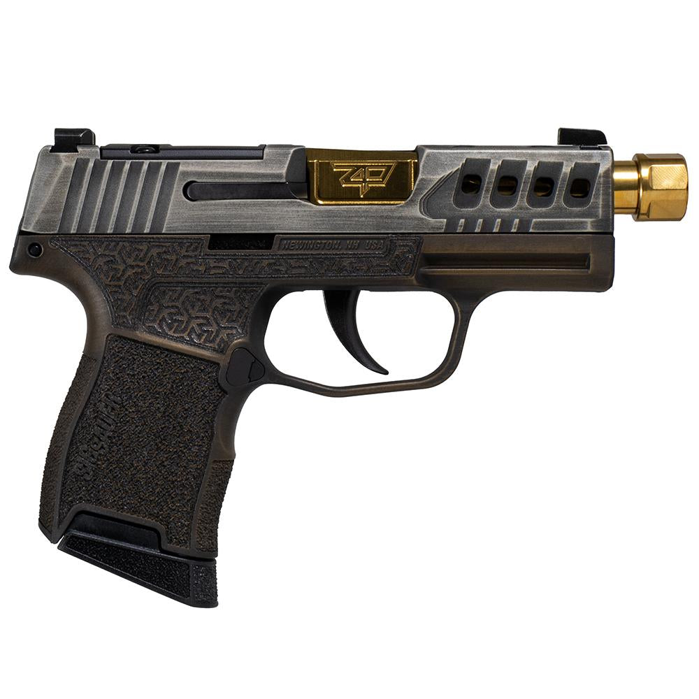 P365,9mm,3.1in,Striker,10rd,Dist Gr Slide & Br Grip, Oct Stipp, Gold Barrel