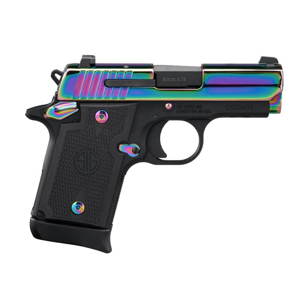 P938 9MM 3'' RAINBOW TITANIUM  SAO SIGLITE G10 GRIP 7RD STEEL MAG AMBI SFTY