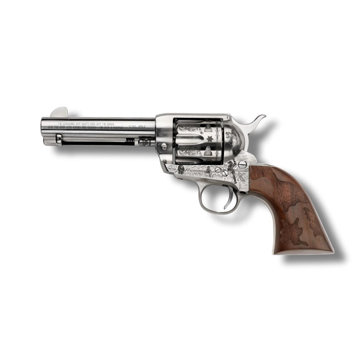 COWPOKE 45LC 4.75in NICKEL ENGRVD FRAME BBL CYL ENGRVD COWHIDE WLNT GRIP
