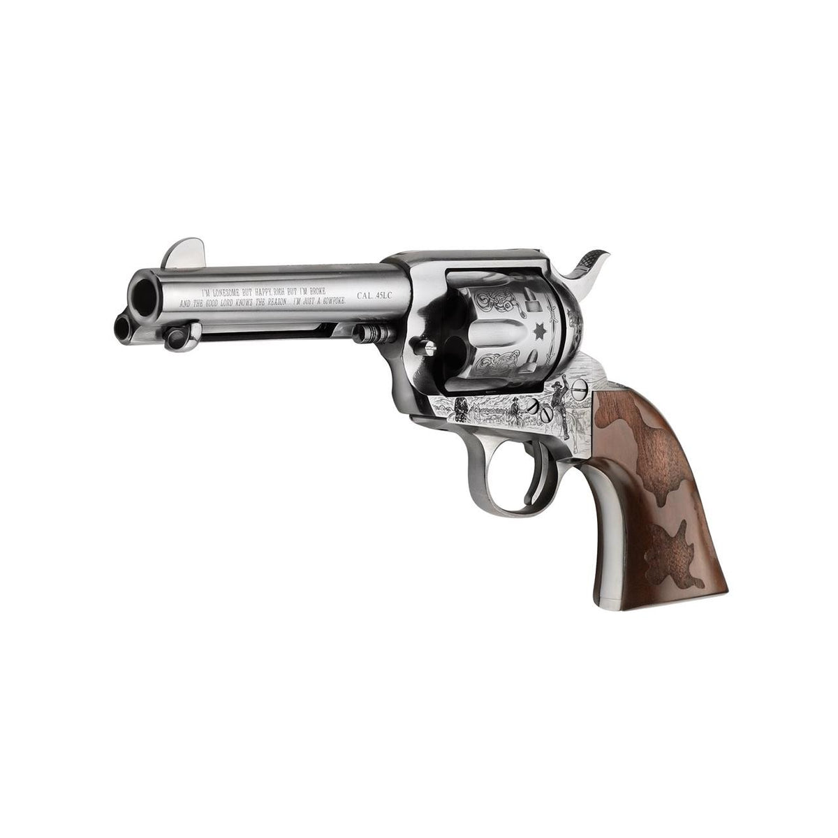 COWPOKE 45LC 4.75in NICKEL ENGRVD FRAME BBL CYL ENGRVD COWHIDE WLNT GRIP