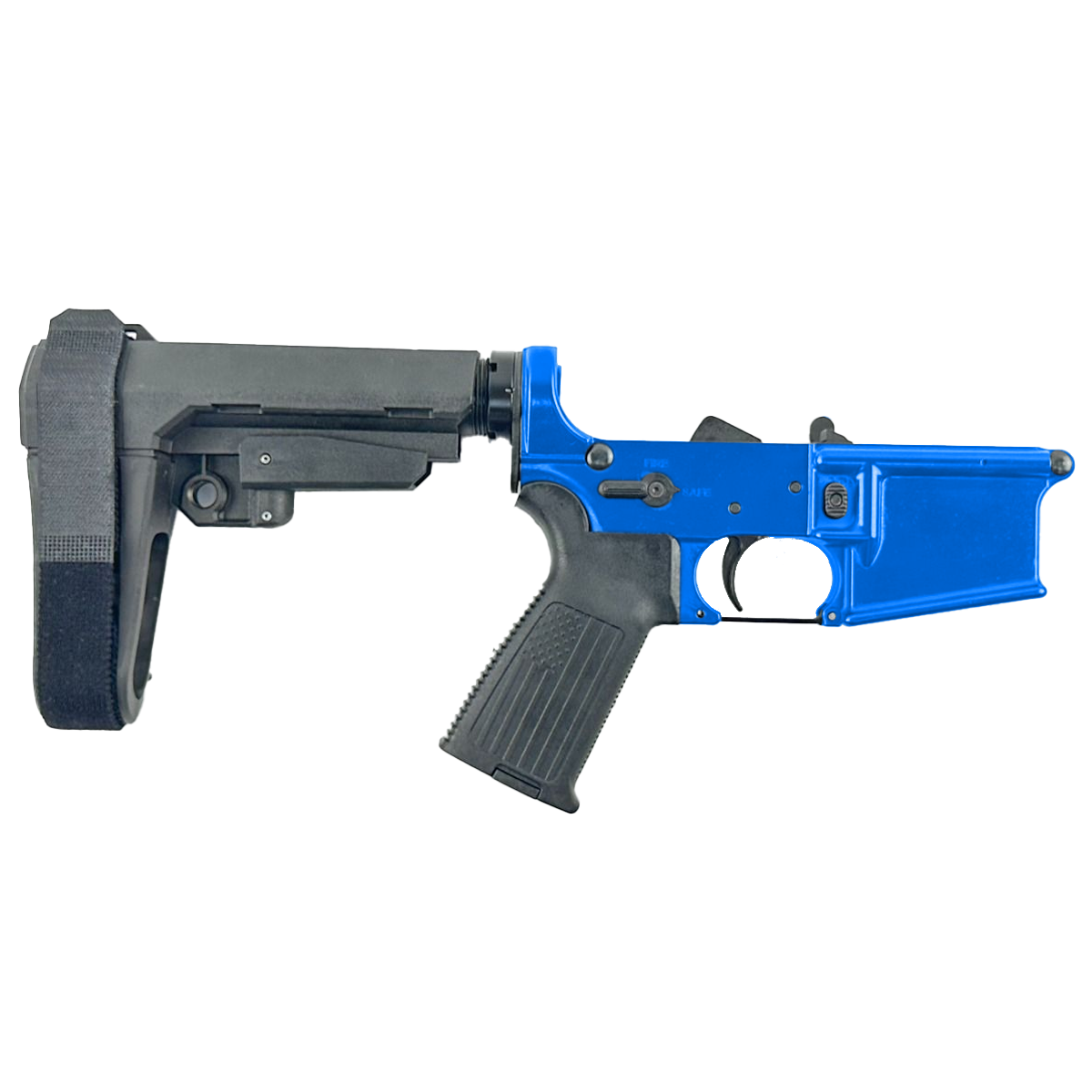 AR-15 Completed Lower Receiver with Adjustable SB Tactical Brace Assembly & Lower Parts Installed - Flame Blue