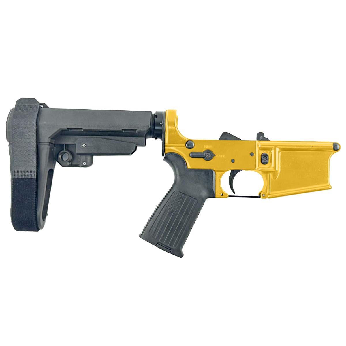 AR-15 Completed Lower Receiver with Adjustable SB Tactical Brace Assembly & Lower Parts Installed - Gold