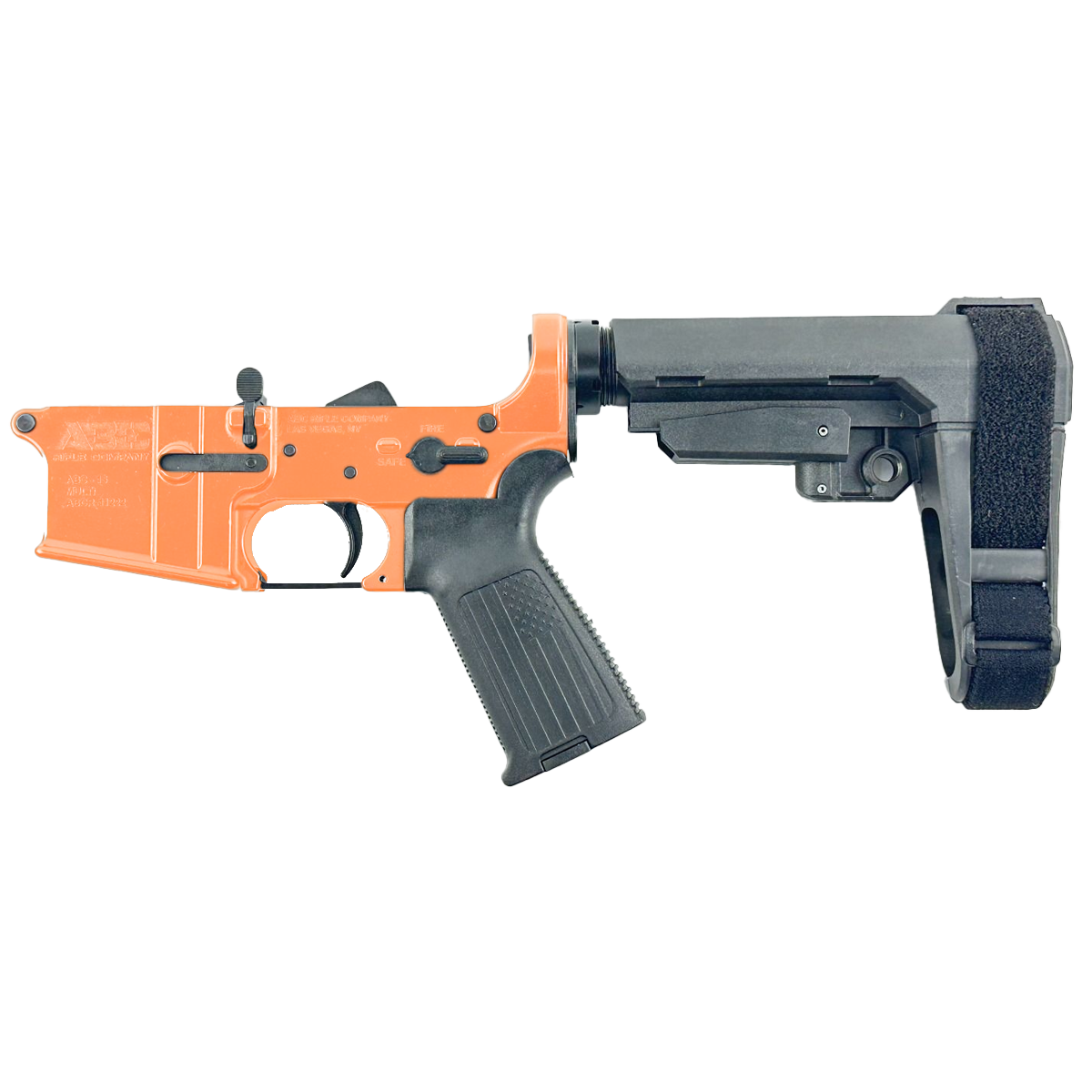 AR-15 Completed Lower Receiver with Adjustable SB Tactical Brace Assembly & Lower Parts Installed - Tequila Sunrise Orange