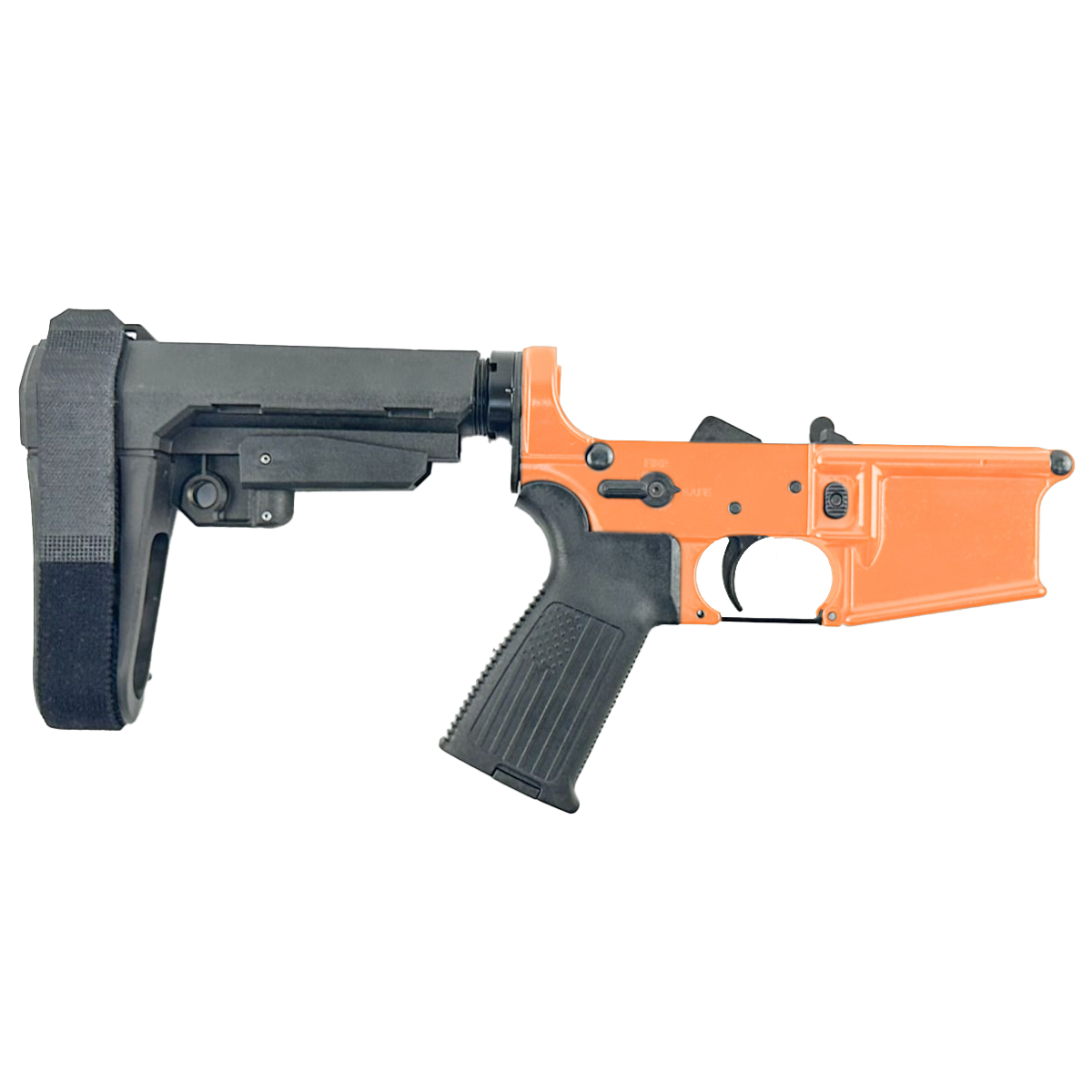 AR-15 Completed Lower Receiver with Adjustable SB Tactical Brace Assembly & Lower Parts Installed - Tequila Sunrise Orange