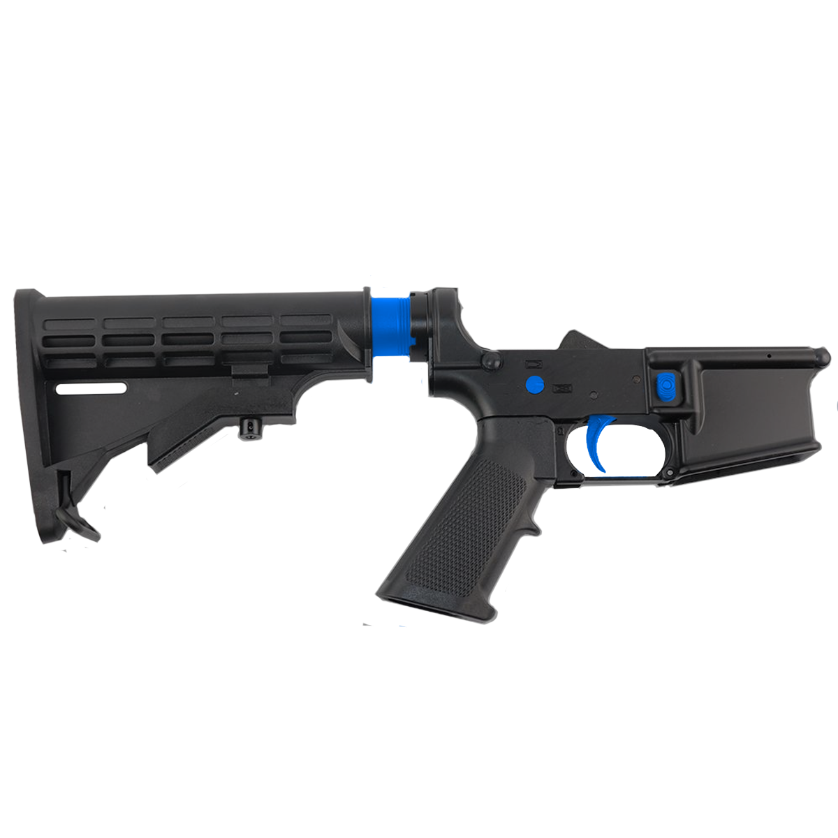 AR-15 Completed Two-Tone Lower Receiver with Adjustable M4 Stock Assembly & Lower Parts Installed - Black and Flame Blue