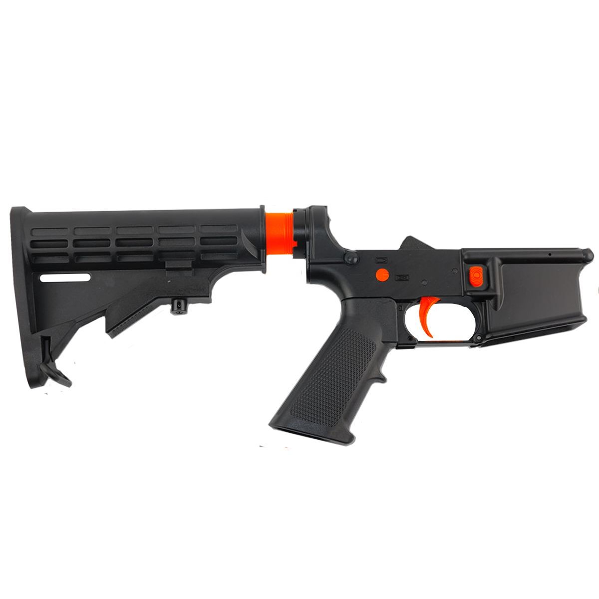 AR-15 Completed Two-Tone Lower Receiver with Adjustable M4 Stock Assembly & Lower Parts Installed - Black and Hunter Orange