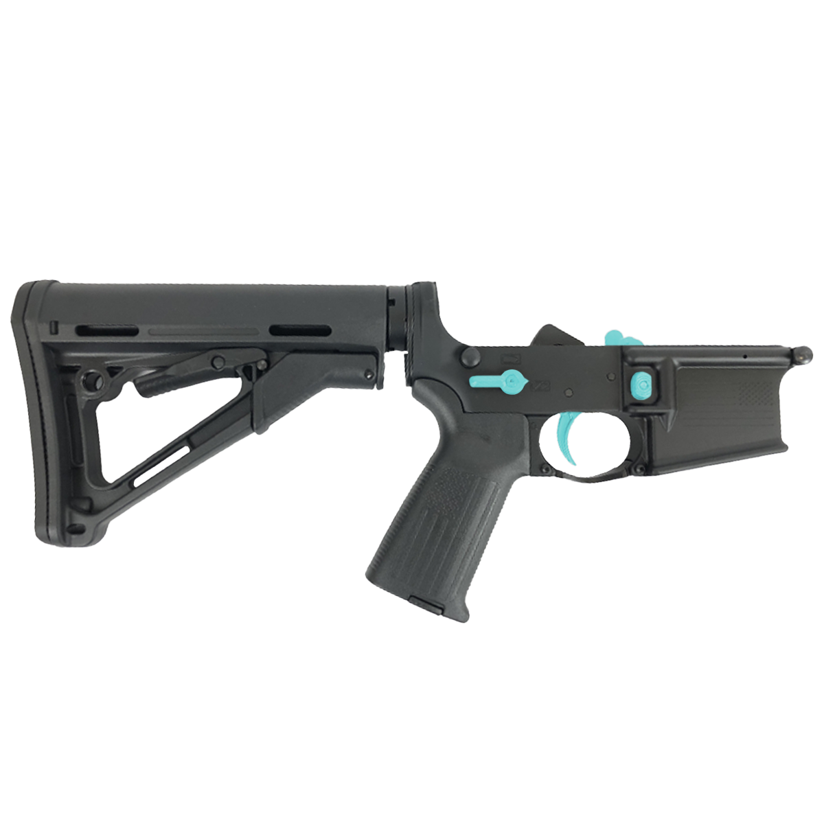 AR-15 Completed Two-Tone Lower Receiver with Collapsible Mil Spec Stock - Black and Robins Egg Blue