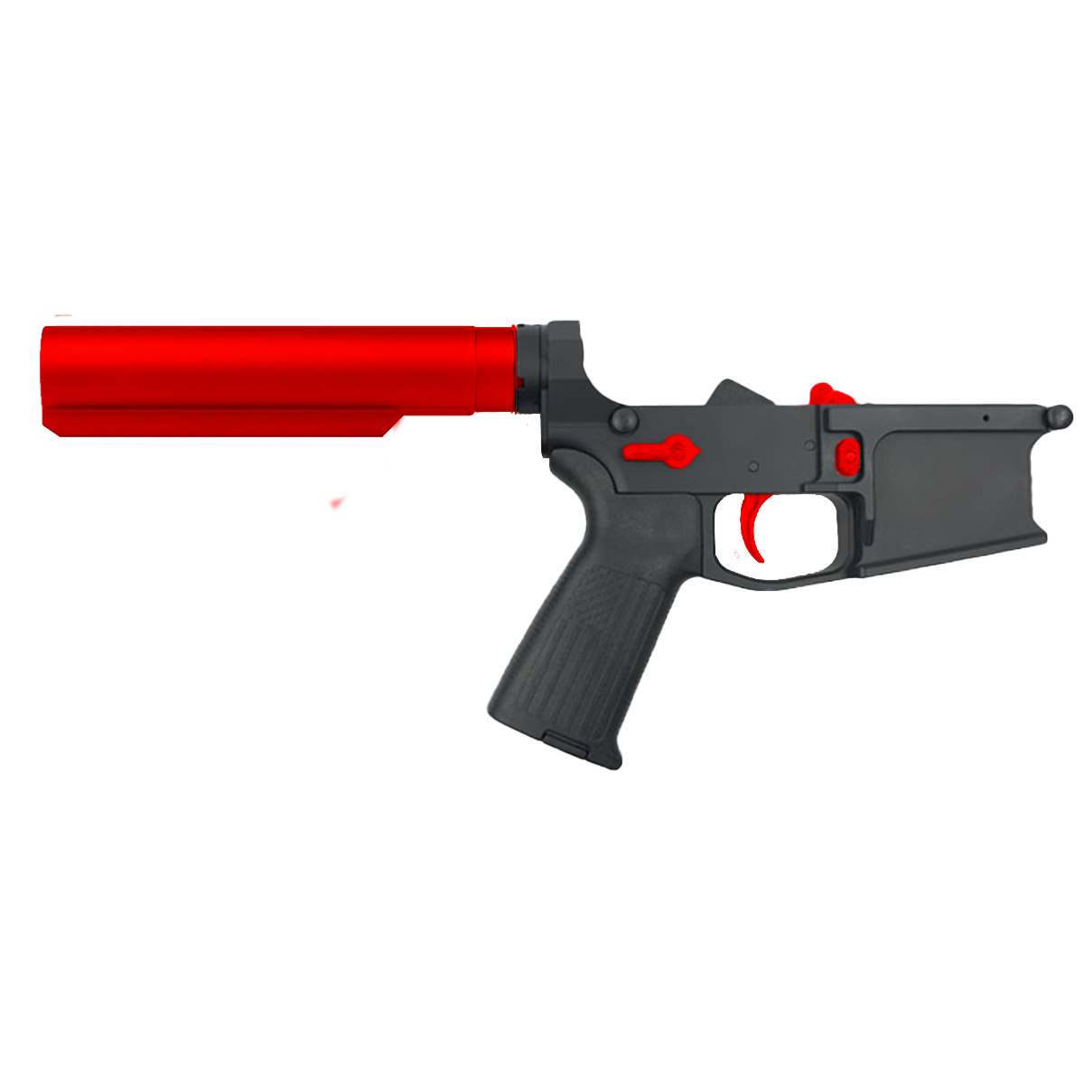 AR-15 Completed Two-Tone Billet Lower Receiver with 6-Position Buffer Tube - Black and Red