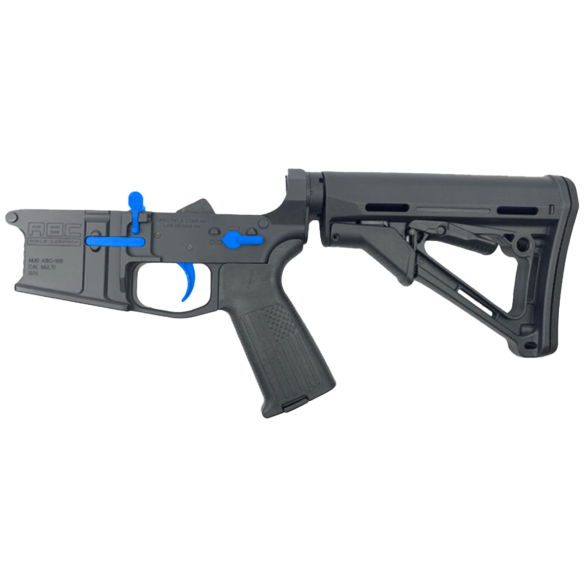 AR-15 Completed Two-Tone Billet Lower Receiver with Collapsible Mil Spec Stock - Black and Flame Blue