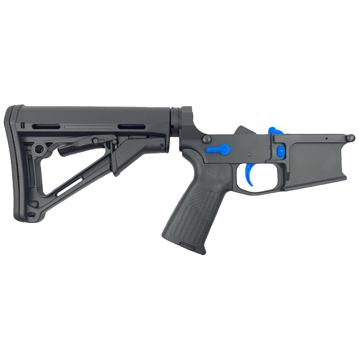 AR-15 Completed Two-Tone Billet Lower Receiver with Collapsible Mil Spec Stock - Black and Flame Blue