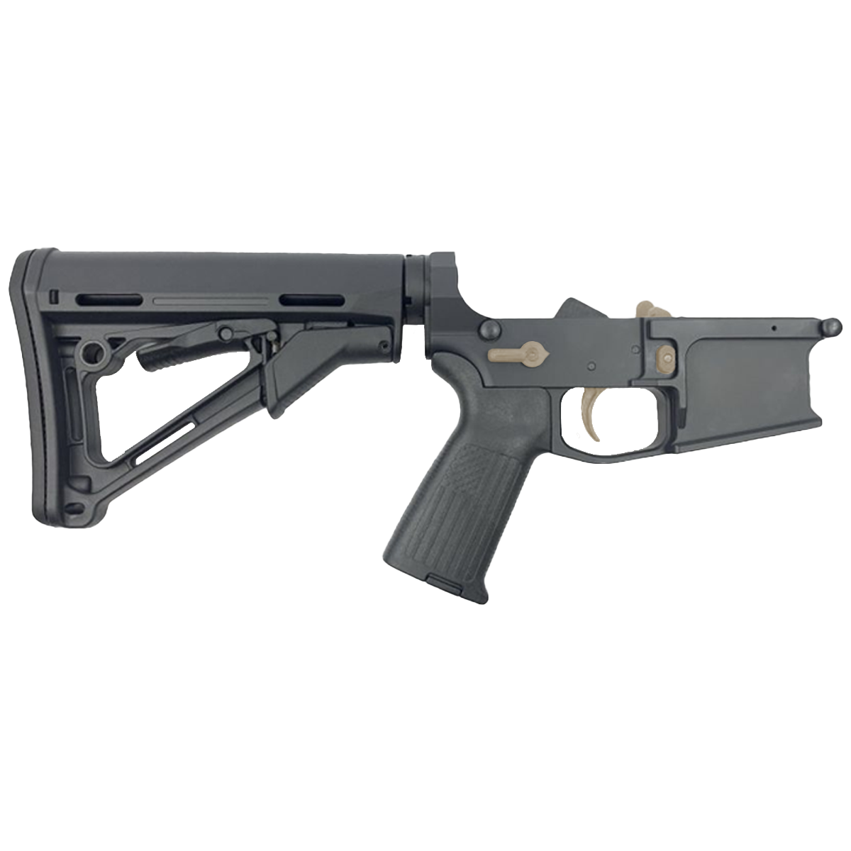 AR-15 Completed Two-Tone Billet Lower Receiver with Collapsible Mil Spec Stock - Black and Magpul FDE