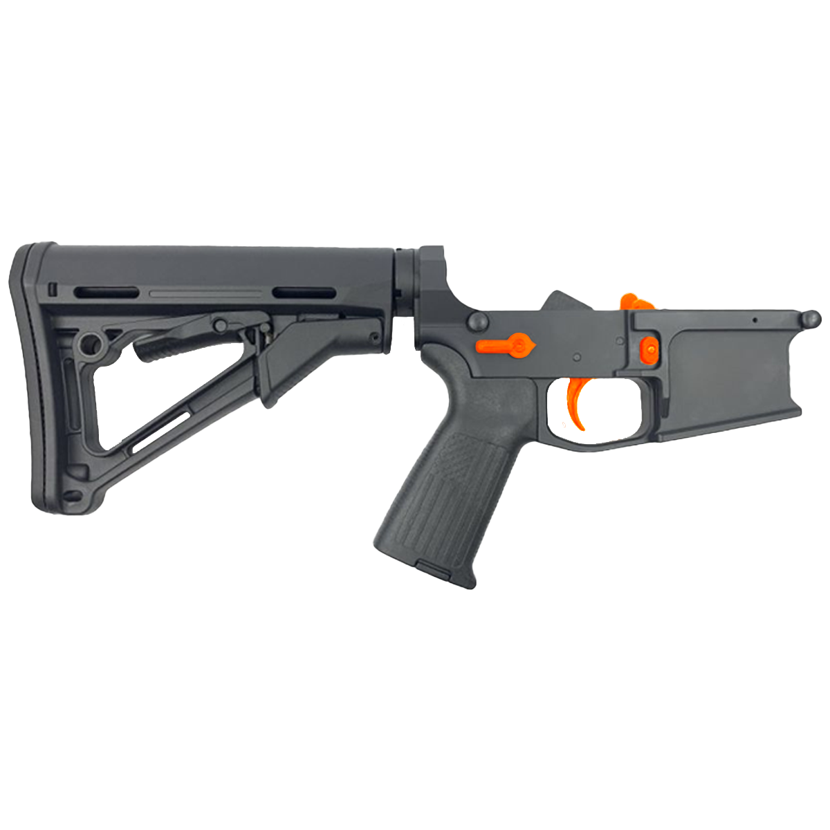 AR-15 Completed Two-Tone Billet Lower Receiver with Collapsible Mil Spec Stock - Black and Hunter Orange