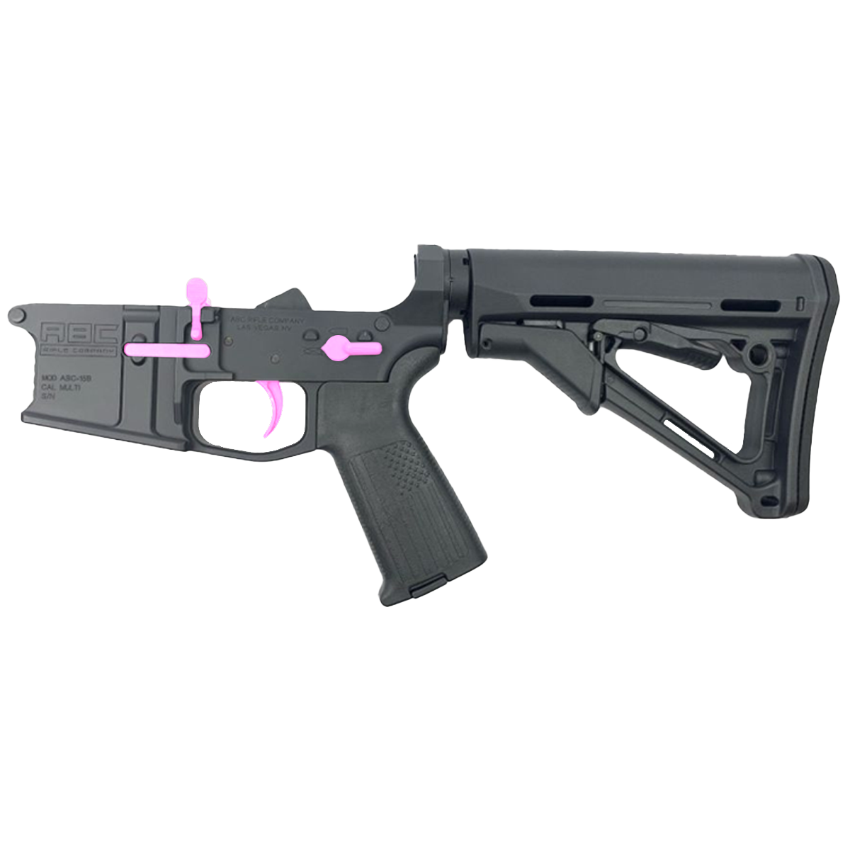 AR-15 Completed Two-Tone Billet Lower Receiver with Collapsible Mil Spec Stock - Black and Sig Pink