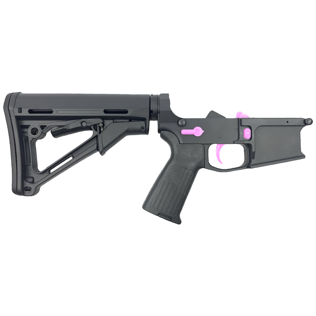 AR-15 Completed Two-Tone Billet Lower Receiver with Collapsible Mil Spec Stock - Black and Sig Pink