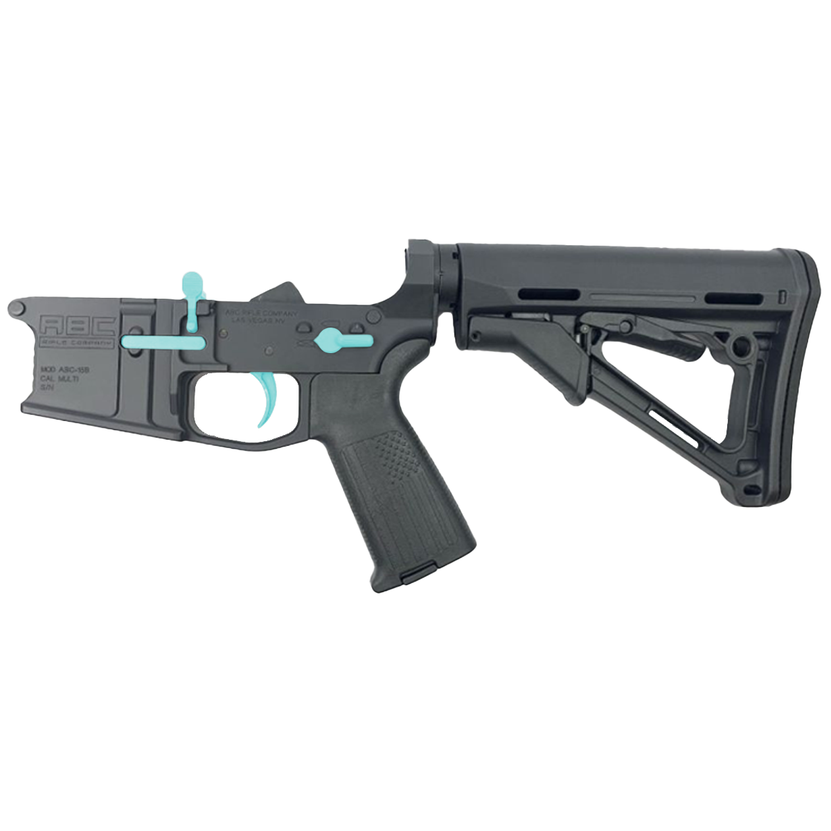 AR-15 Completed Two-Tone Billet Lower Receiver with Collapsible Mil Spec Stock - Black and Robins Egg Blue