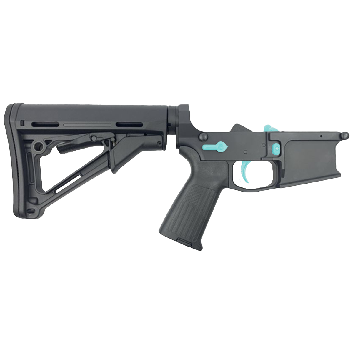 AR-15 Completed Two-Tone Billet Lower Receiver with Collapsible Mil Spec Stock - Black and Robins Egg Blue