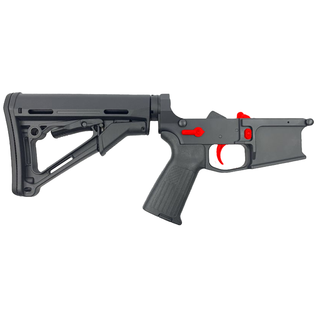 AR-15 Completed Two-Tone Billet Lower Receiver with Collapsible Mil Spec Stock - Black and Red