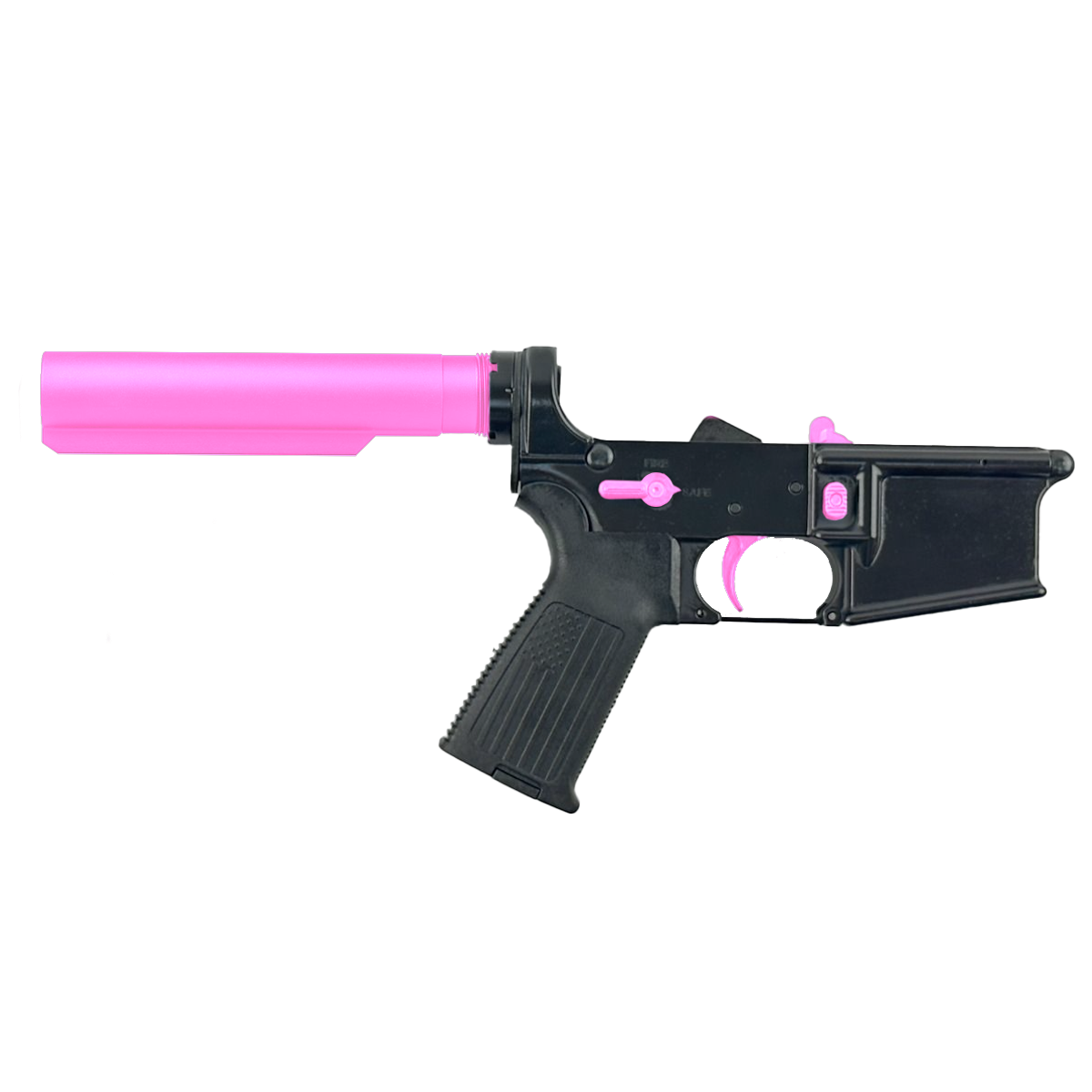 AR-15 Completed Two-Tone Lower Receiver with 6 Position Buffer Tube & Lower Parts Installed - Black and Sig Pink